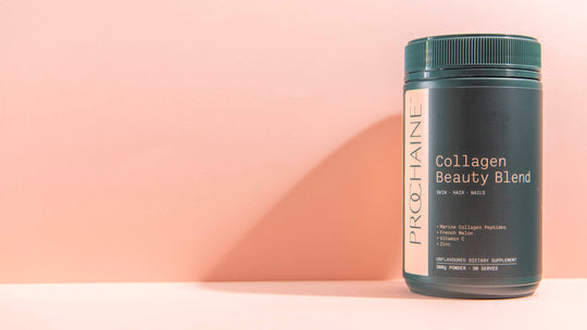 Collagen beauty supplement container on a pink background