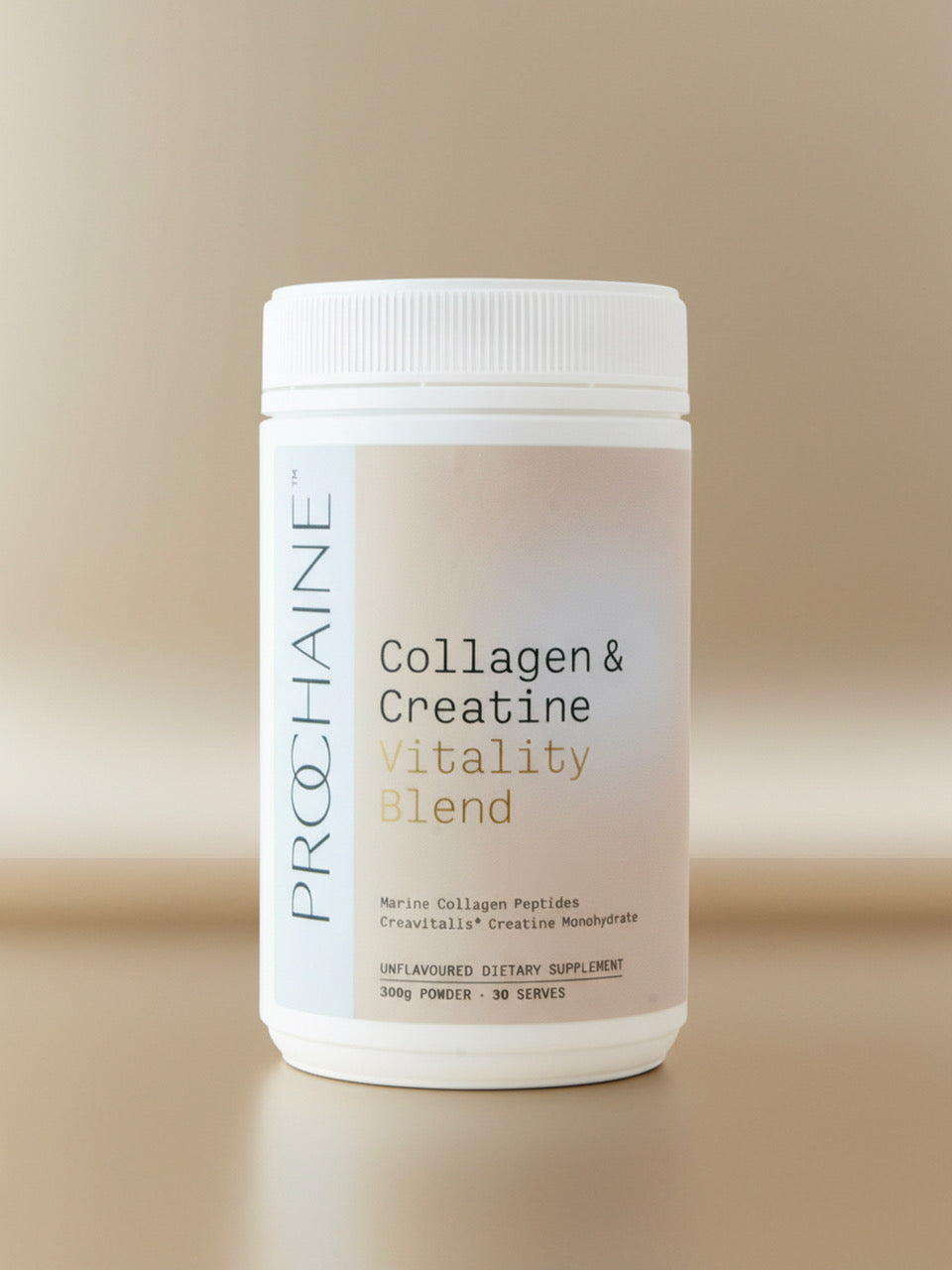 Prohaine Collagen & Creatine Vitality Blend container on a beige background