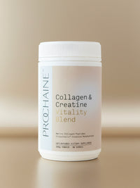 Prohaine Collagen & Creatine Vitality Blend container on a beige background