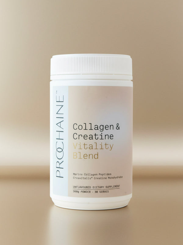 Prohaine Collagen & Creatine Vitality Blend container on a beige background