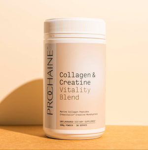 Supplement labeled 'Collagen & Creatine Vitality Blend' by Prochaine on a beige background