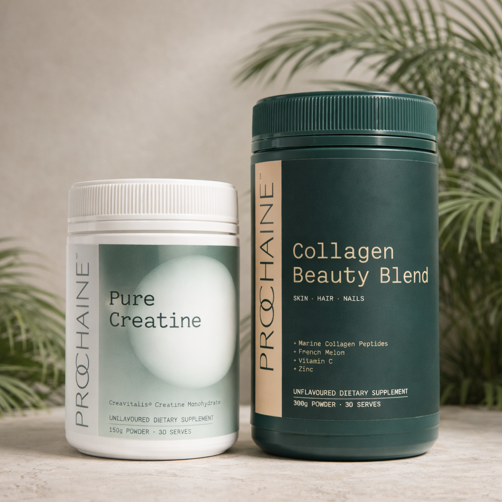 Prochaine Collagen Beauty Blend and Pure Creatine sitting together